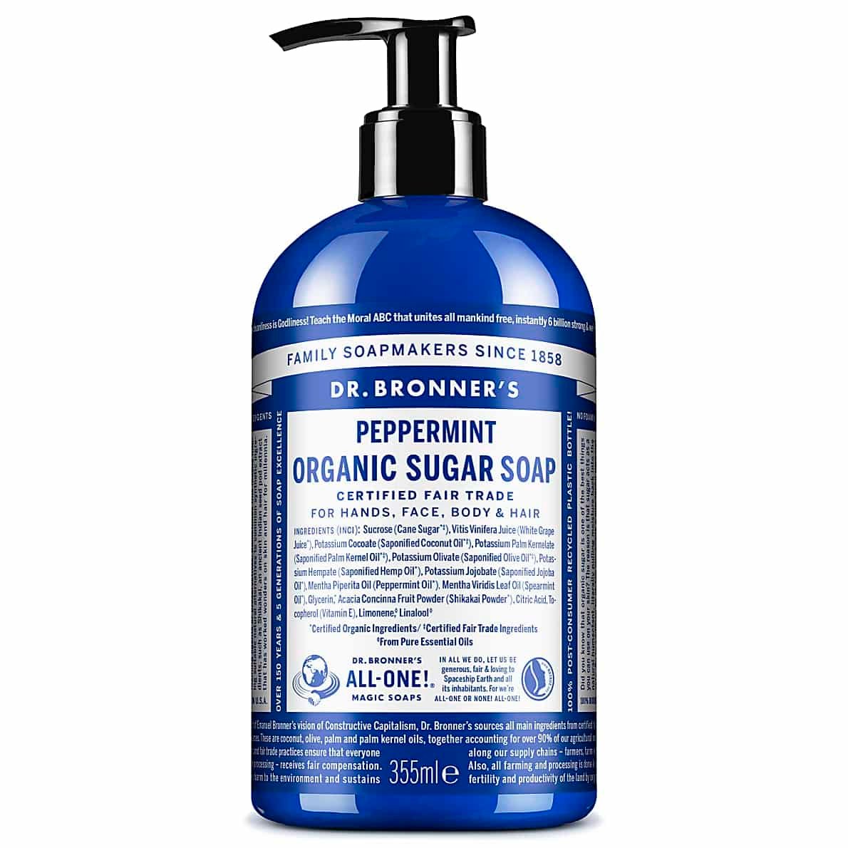 Sapone di zucchero biologico Dr Bronner's, menta piperita o lemongrass-lime, 355ml
