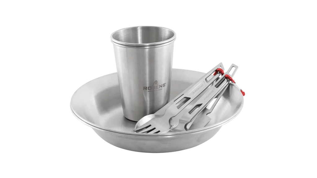 Set completo di piatti, bicchieri e posate in acciaio inox - Robens Sierra Steel Meal Set