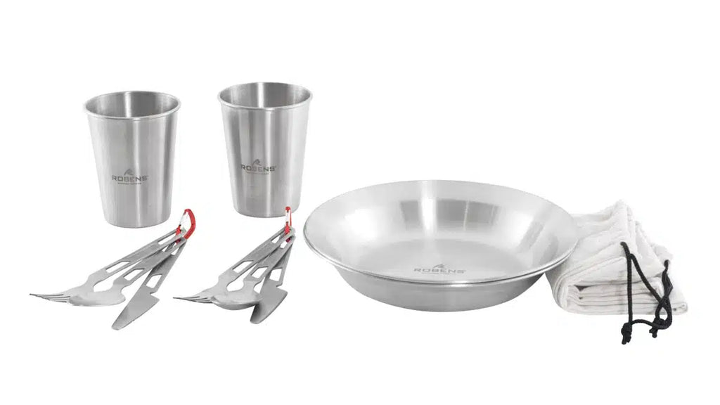 Set completo di piatti, bicchieri e posate in acciaio inox - Robens Sierra Steel Meal Set